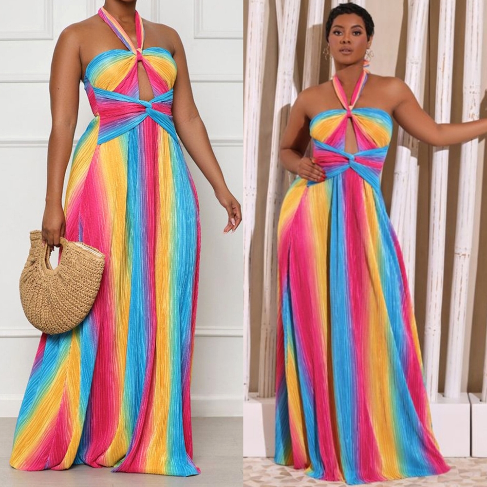 . Pretty Pop Super Colorful Rainbow Ribbed Flowy Halter Maxi Dress - Picture 2 of 9
